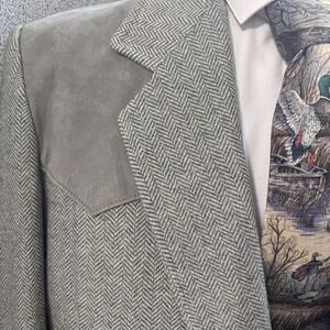 Pioneer Wear Suede Wool Blazer 44L Gray Herringbone Cowboy Old Money Western TX